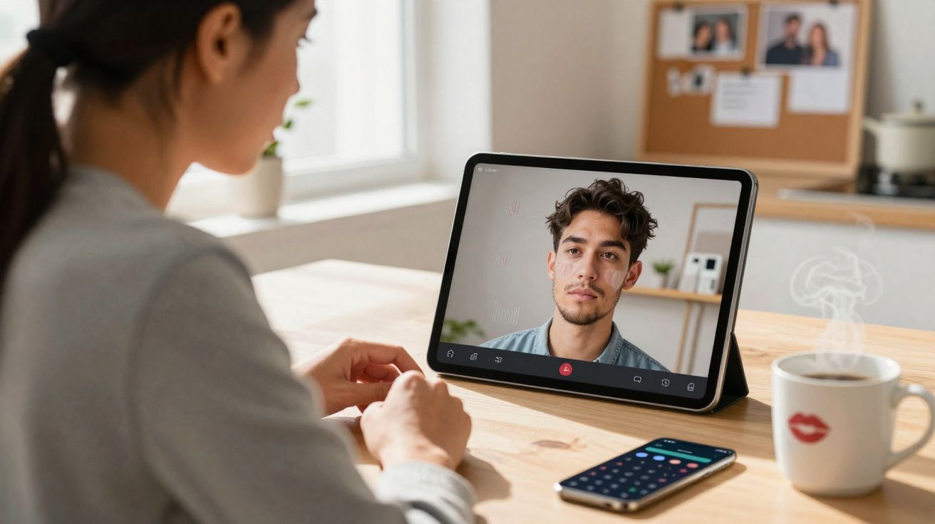 Pessoa a participar numa videochamada num tablet, com telemóvel e chávena de chá na mesa de madeira clara.