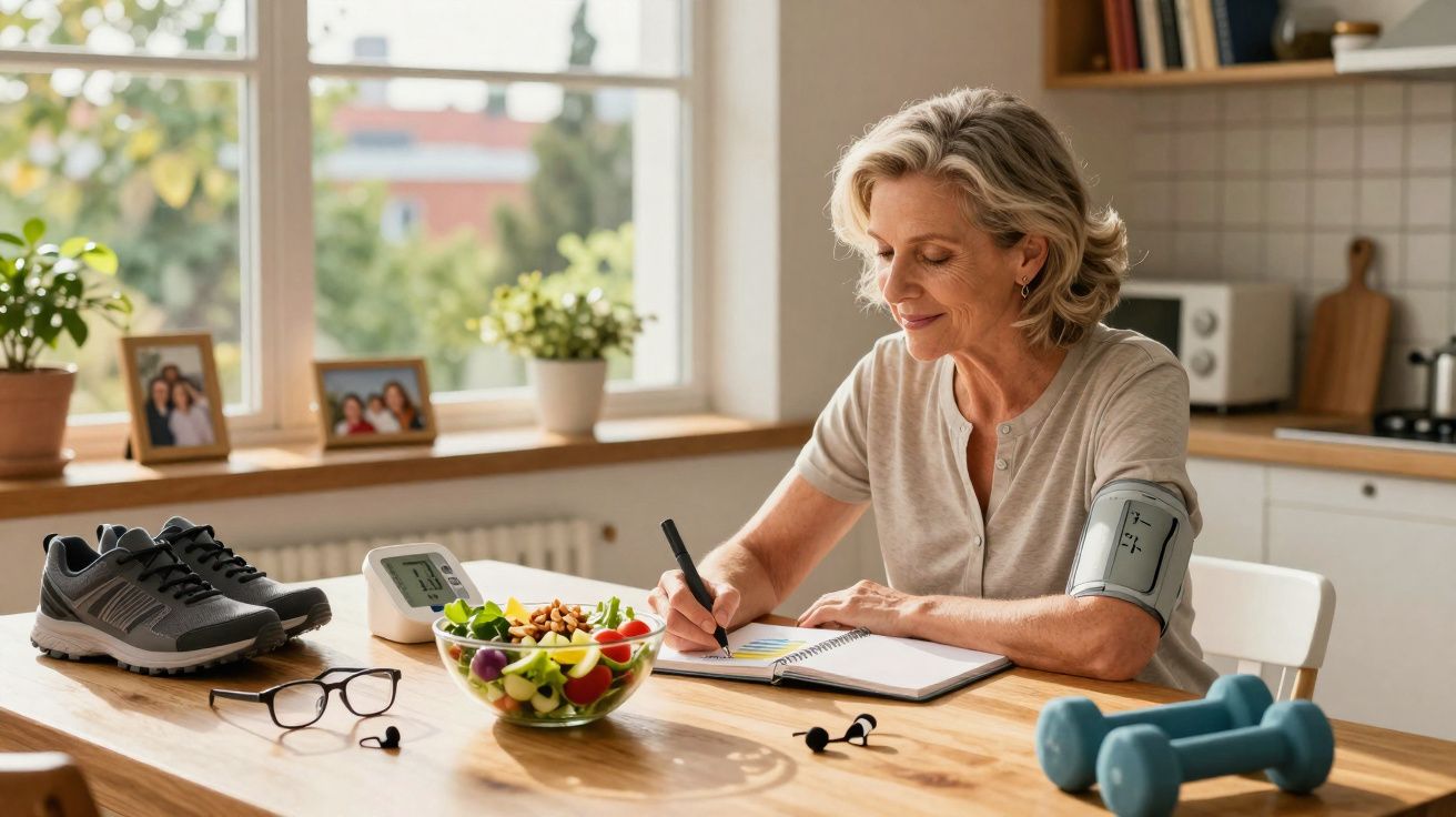 Mulher a medir a tensão, a escrever num caderno, com ténis, peso e salada na mesa da cozinha.