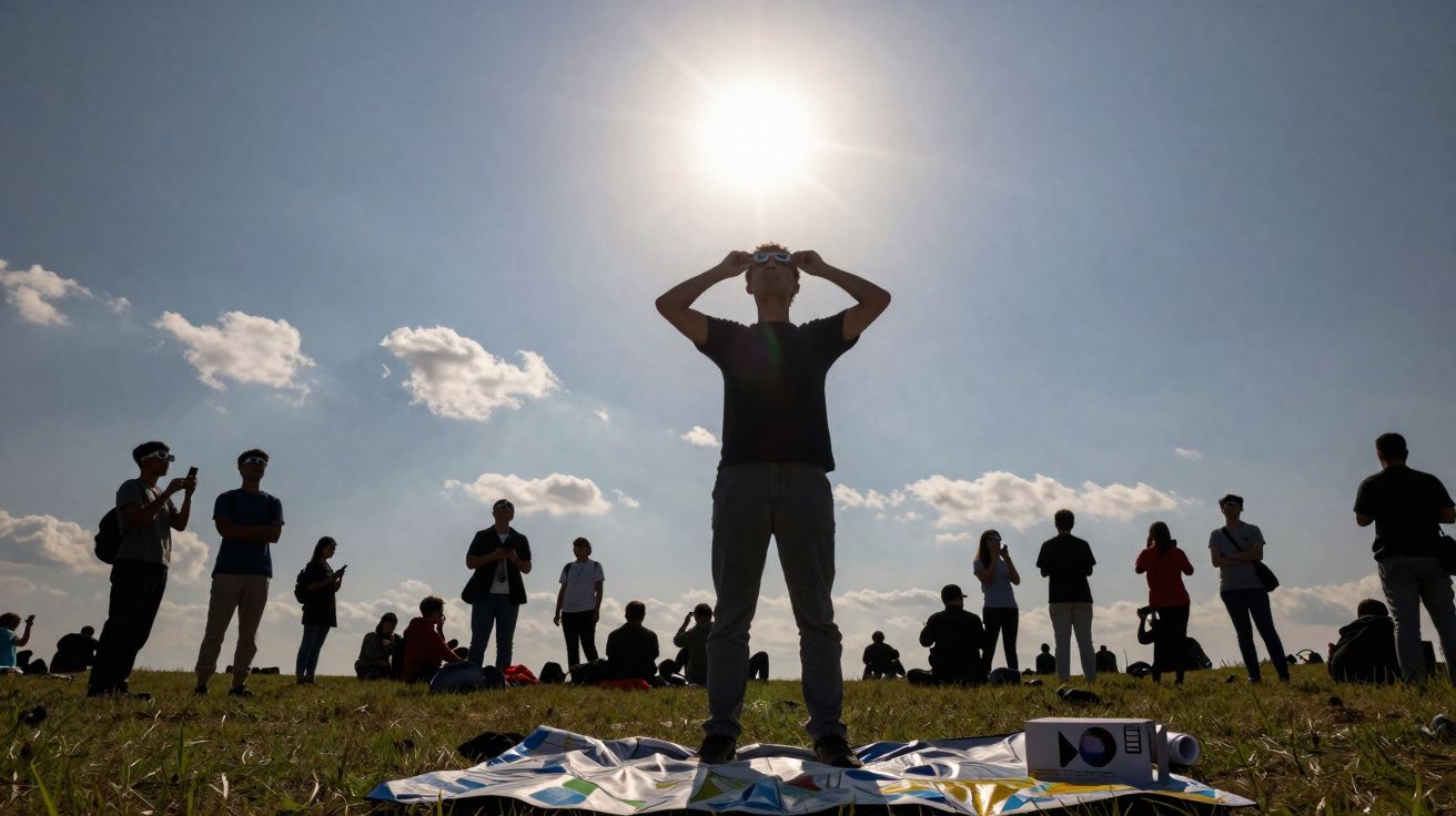 Pessoa a observar o céu com óculos de eclipse solar, rodeada por várias pessoas em campo aberto ao sol.