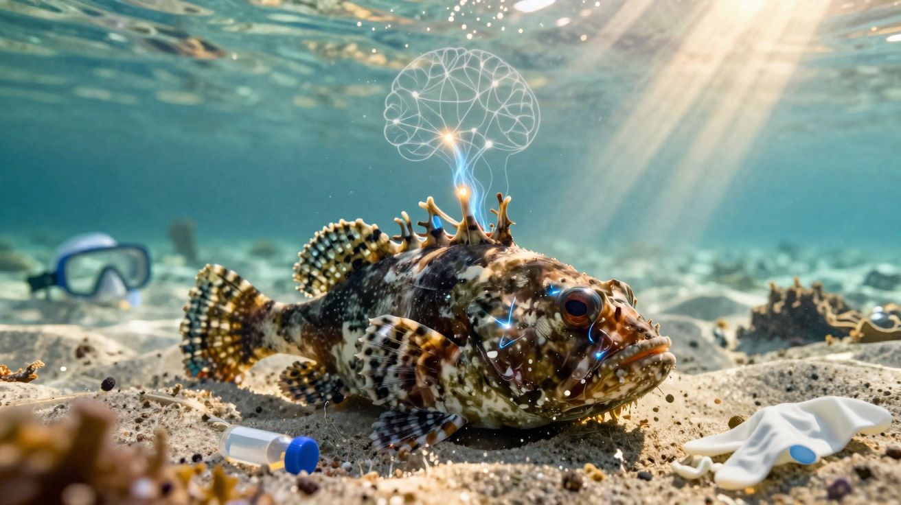 Peixe marrom no fundo do mar com desenho de cérebro brilhante sobre ele e lixo marinho à volta.