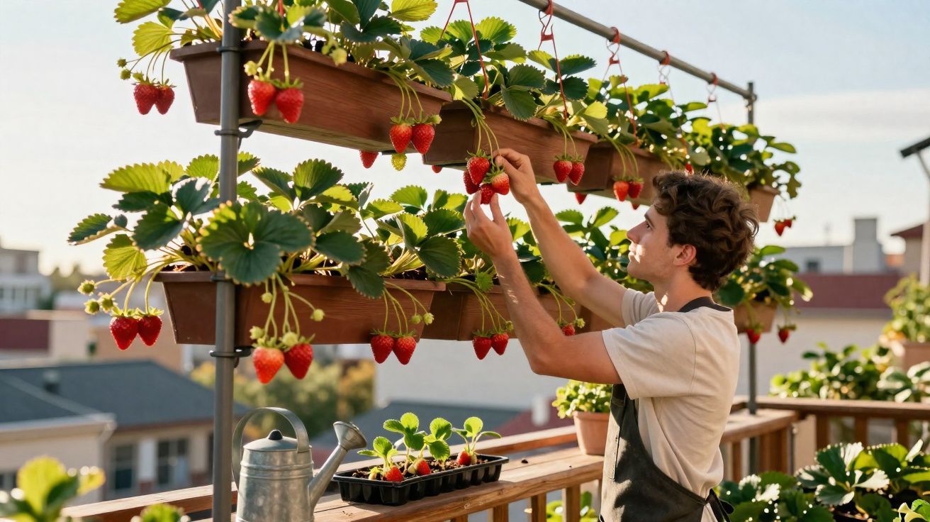 Homem colhendo morangos maduros de vasos pendurados numa varanda ensolarada.