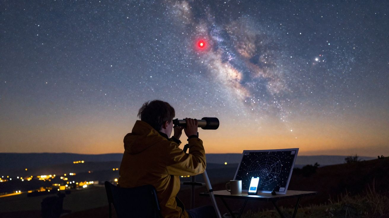 Pessoa a observar estrelas com telescópio ao anoitecer, com exibição digital de mapa estelar e céu estrelado ao fundo.