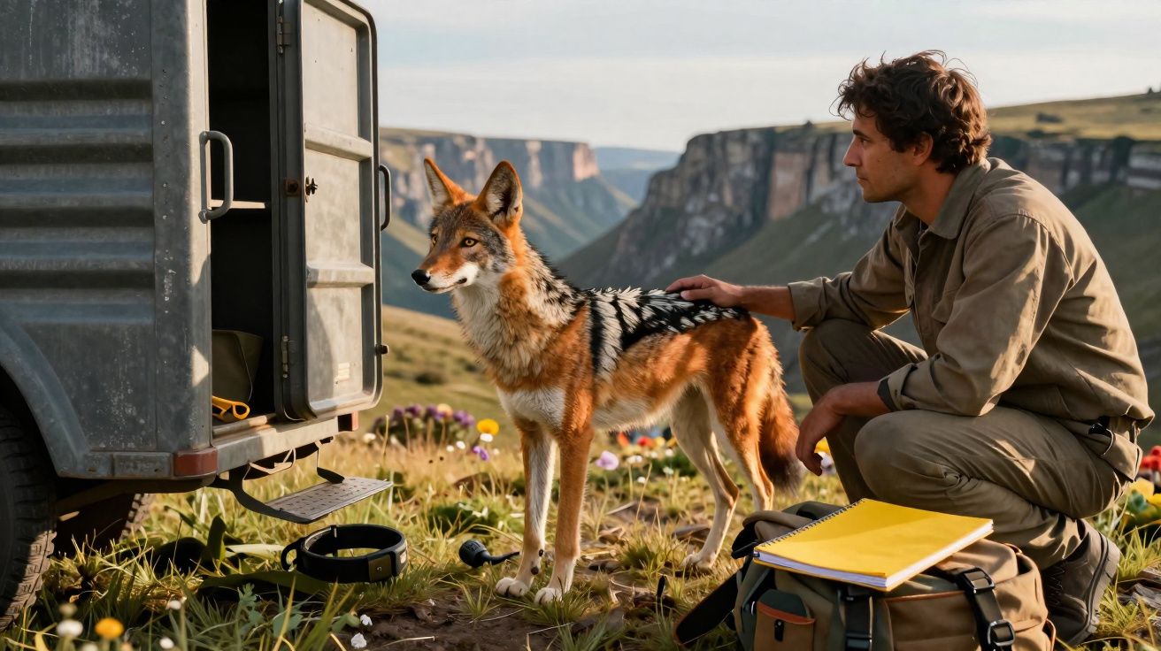 Homem agachado toca num chacal numa paisagem campestre com montanhas ao fundo e carrinha aberta.
