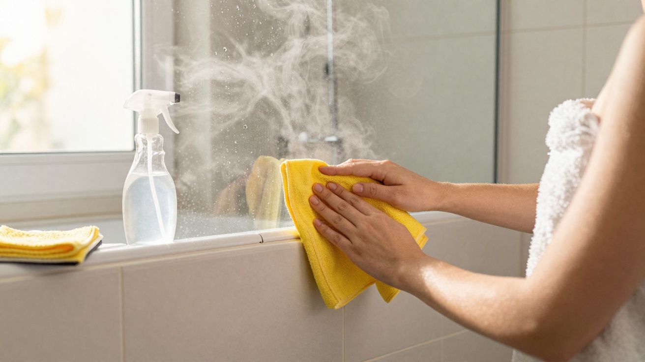 Pessoa a limpar um espelho com um pano amarelo numa casa de banho, com spray de limpeza ao lado.