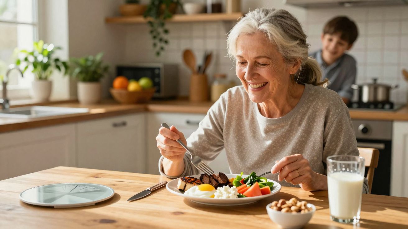 Mulher idosa sorridente a comer refeição saudável com ovo, legumes e carne na cozinha, com criança ao fundo.