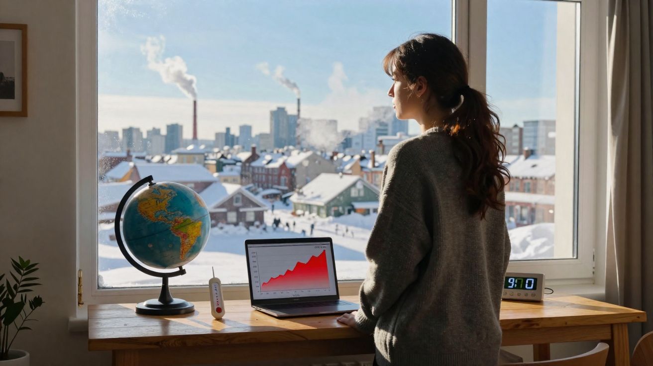 Mulher debruçada à janela a olhar para cidade nevada com laptop, globo e relógio numa secretária.