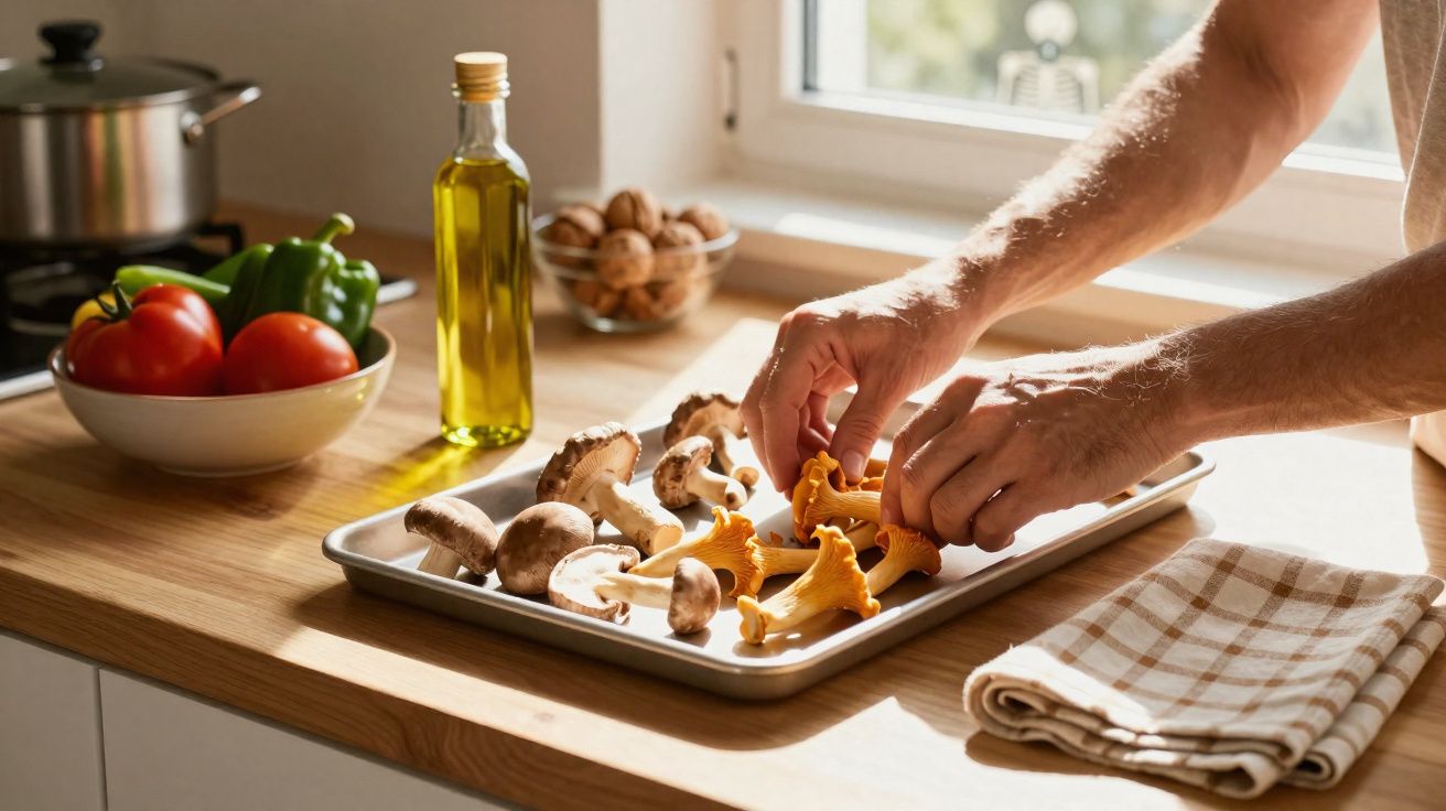 Mãos a organizar cogumelos numa forma metálica numa bancada de cozinha iluminada por luz natural.
