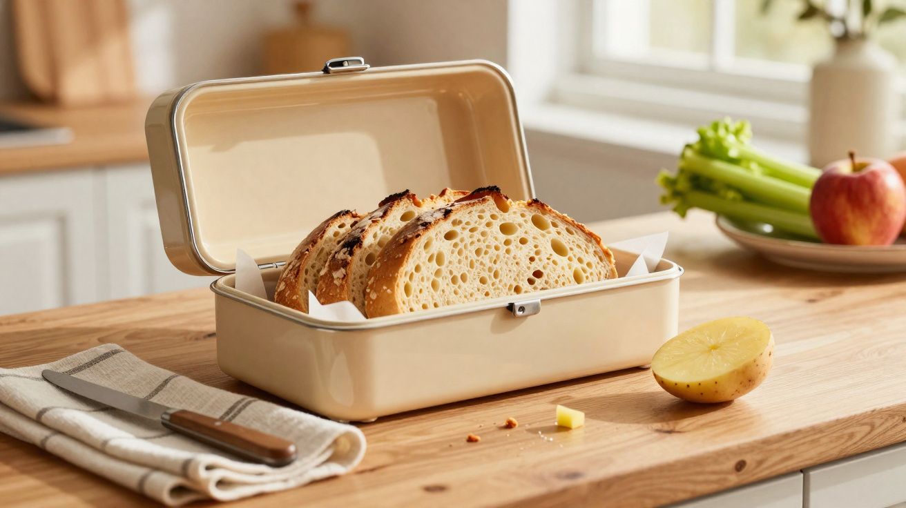 Pão fatiado dentro de caixa metálica aberta, com faca, guardanapo, batata e frutas numa bancada de cozinha.