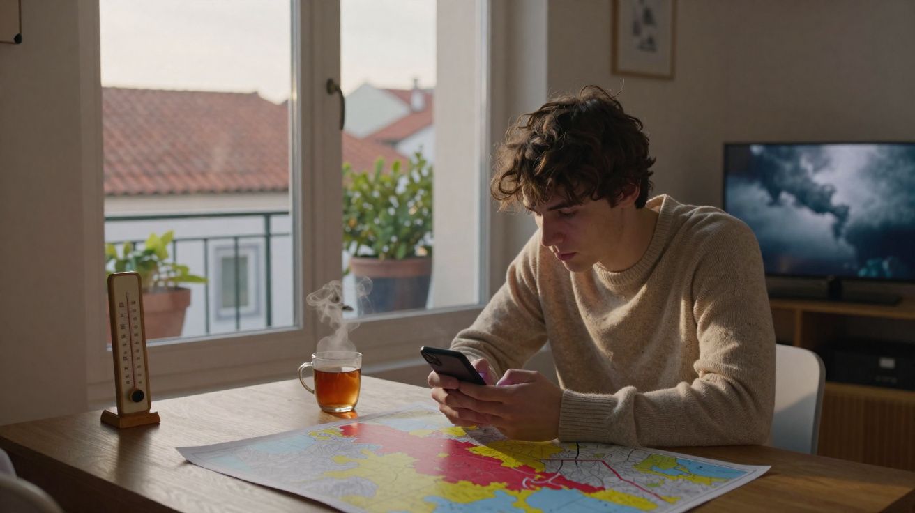 Jovem sentado numa mesa com um mapa, chá a fumegar e a usar um telemóvel numa sala iluminada.