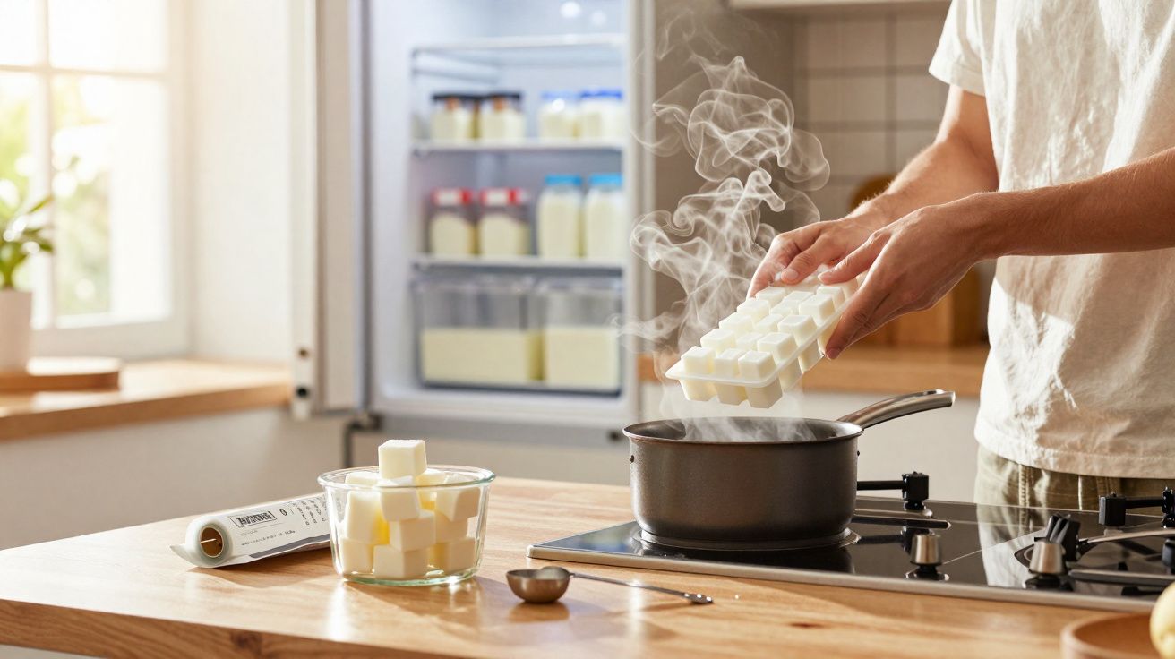 Pessoa a colocar cubos de manteiga numa panela com vapor numa cozinha iluminada com frigorífico ao fundo.