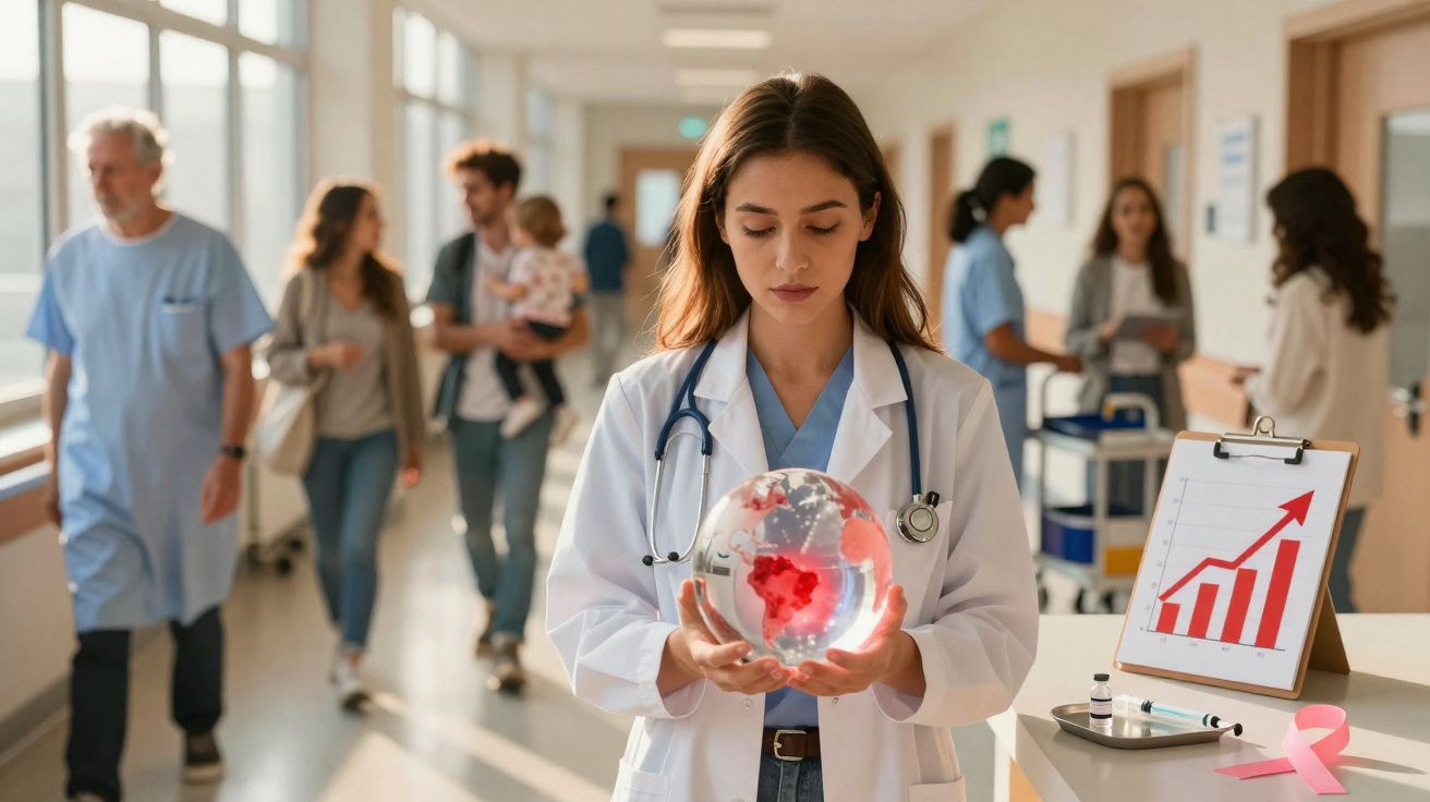 Médica segura globo terrestre translúcido com mapa, corredores de hospital e gráfico de crescimento ao fundo.