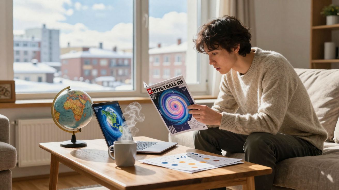 Pessoa sentada no sofá a ler revista sobre o universo, com laptop, globo terrestre e chá numa mesa de madeira.