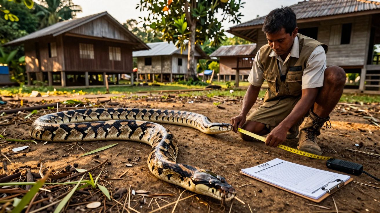 Homem a medir uma grande píton no chão, com blocos de notas, em aldeia com casas de madeira.