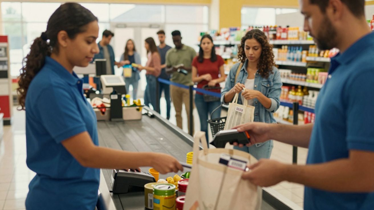 Funcionários e clientes em supermercado, a fazerem fila para pagar compras na caixa.