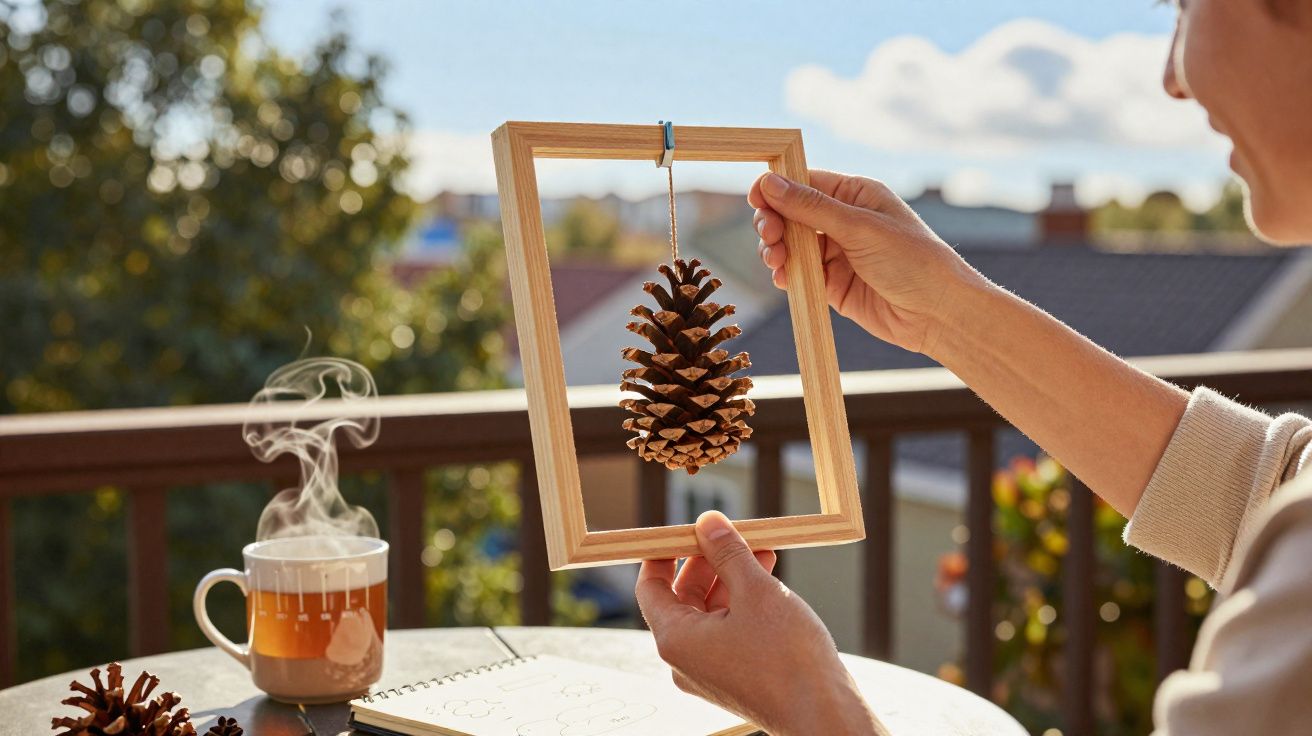 Pessoa segura moldura em madeira com pinha pendurada, chá quente e caderno numa mesa ao ar livre.
