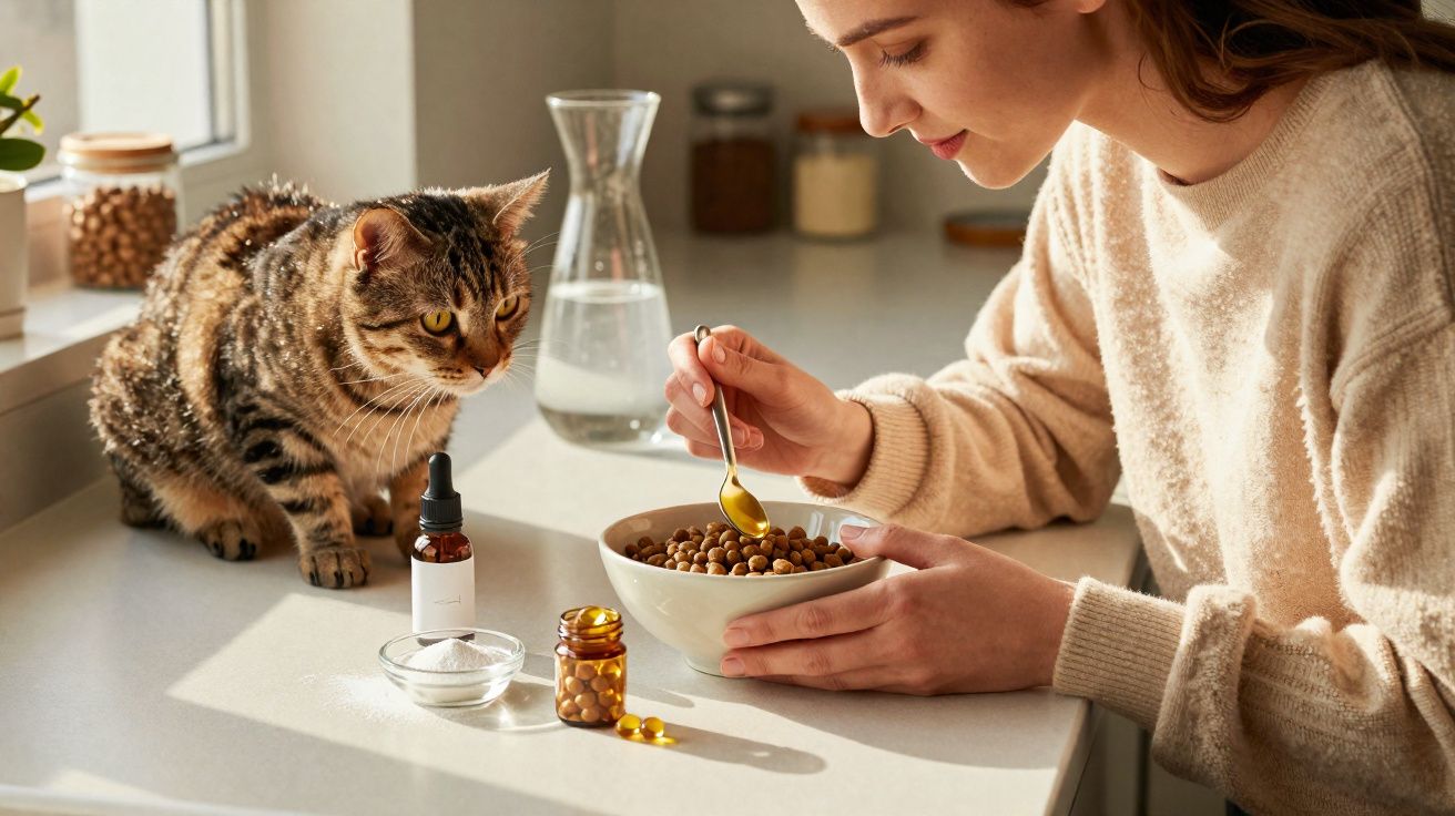 Mulher a preparar medicação com comida para gato que observa sobre o balcão de cozinha iluminado.