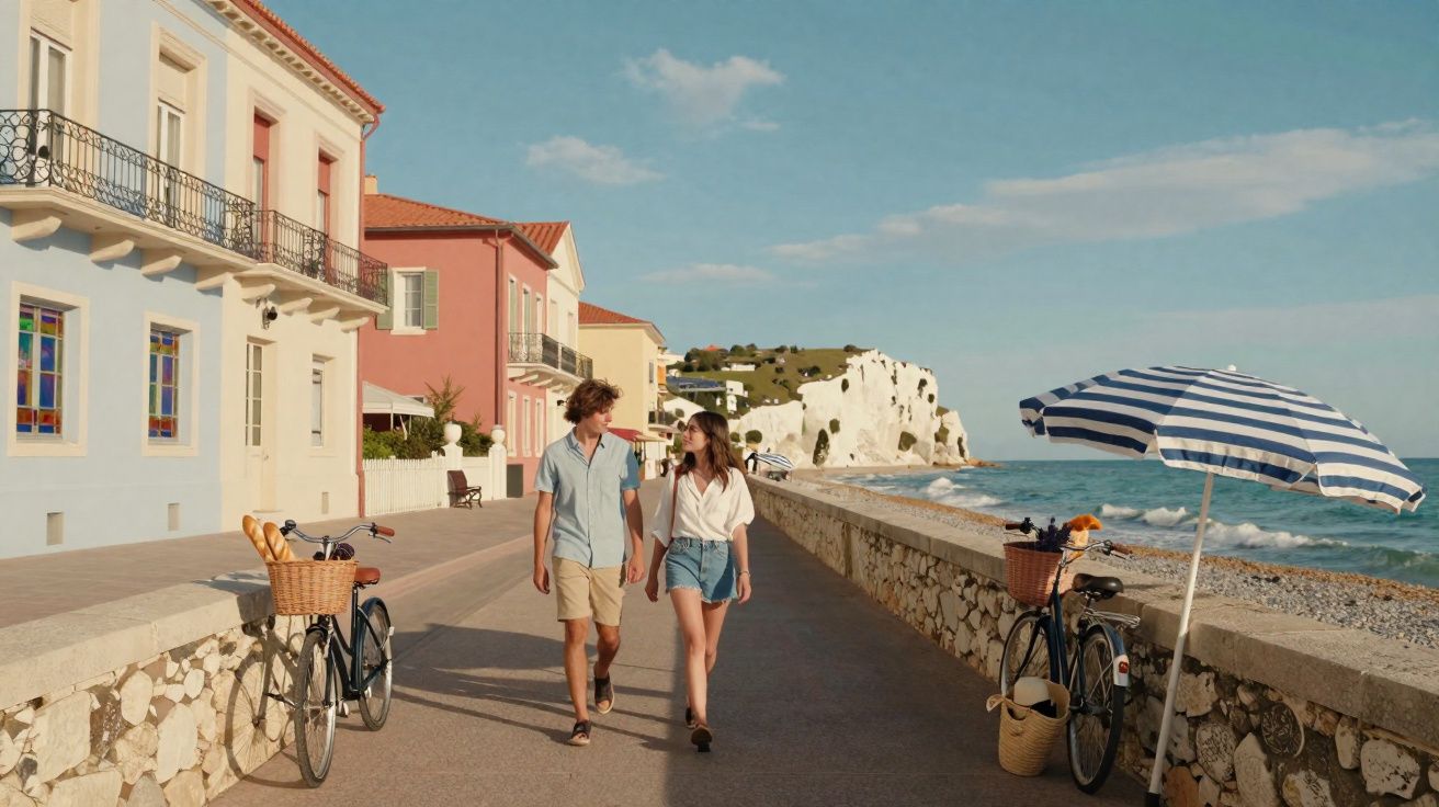 Casal a caminhar junto ao mar com bicicletas e casas coloridas num passeio à beira da praia.