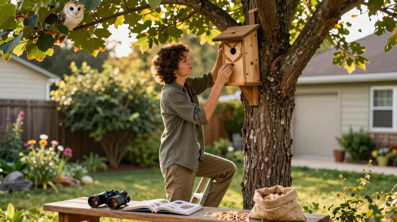 Jovem instala casa de madeira para aves na árvore com binóculos e livro numa mesa num jardim.