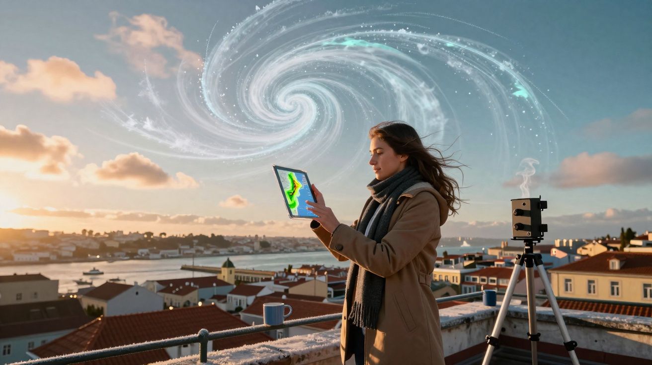 Mulher segura tablet com ilustração de ciclone, céu com arte de vórtice, com cidade e rio ao fundo ao pôr do sol.