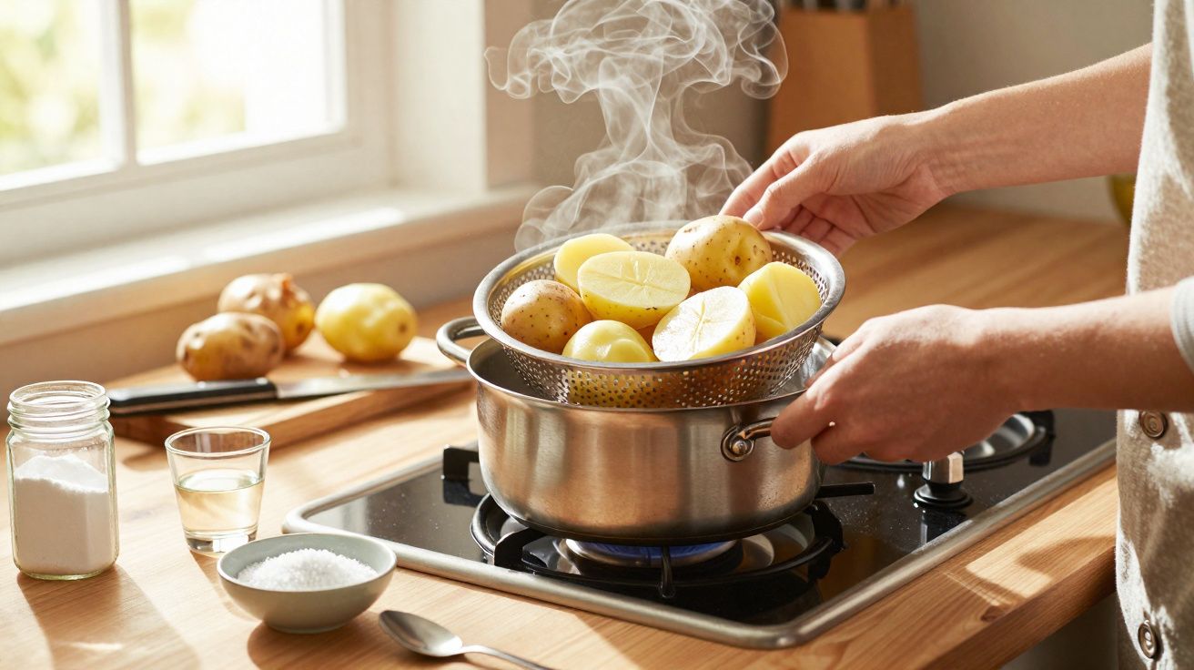 Mãos a cozer batatas numa panela com vapor a sair em cozinha iluminada por luz natural.