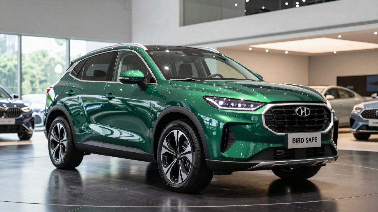 Carro SUV verde metálico Hyundai Bird Safe exposto em salão automóvel moderno.