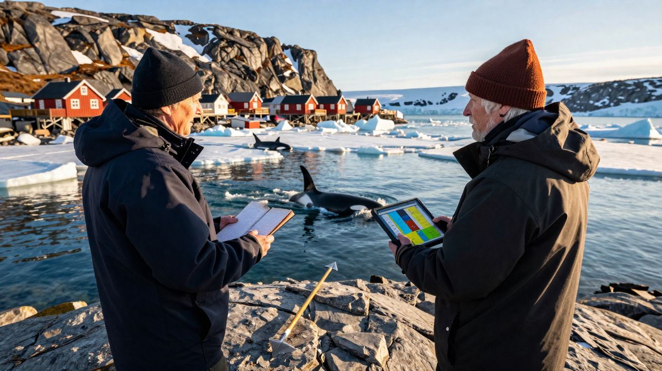 Dois homens com roupas de inverno observam duas orcas numa baía com gelo e casas vermelhas ao fundo.