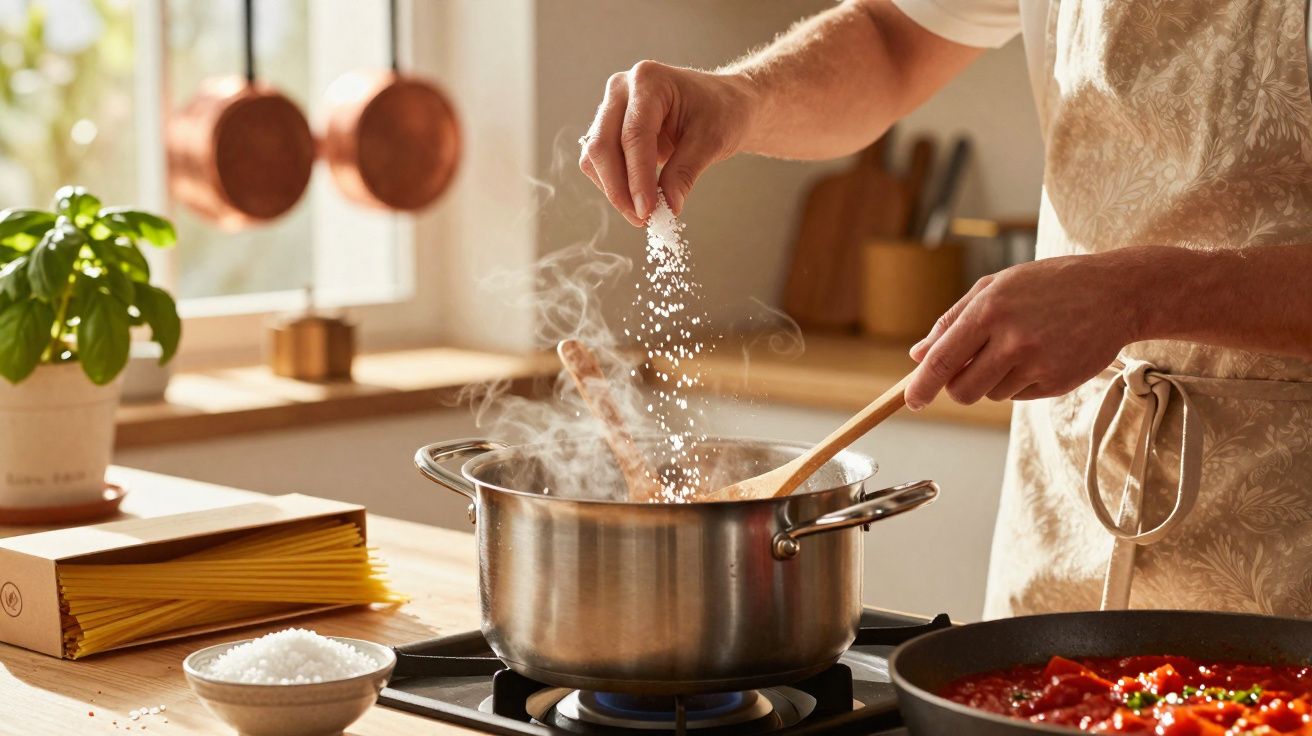 Pessoa a temperar um prato a ferver numa panela de inox na cozinha iluminada pelo sol.