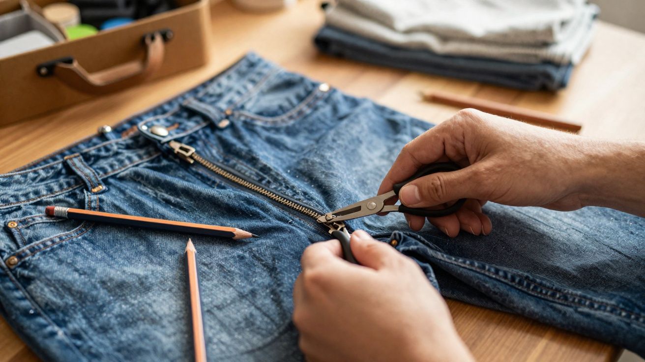 Mãos a reparar o fecho de uma calça de ganga azul com alicate e lápis numa mesa de madeira.