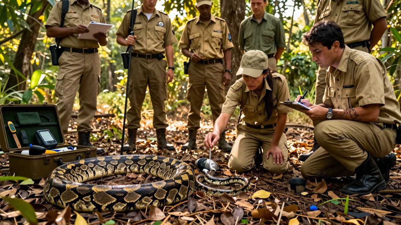 Equipe de investigadores em uniforme analisa cobra píton numa floresta, enquanto registam dados em cadernos.