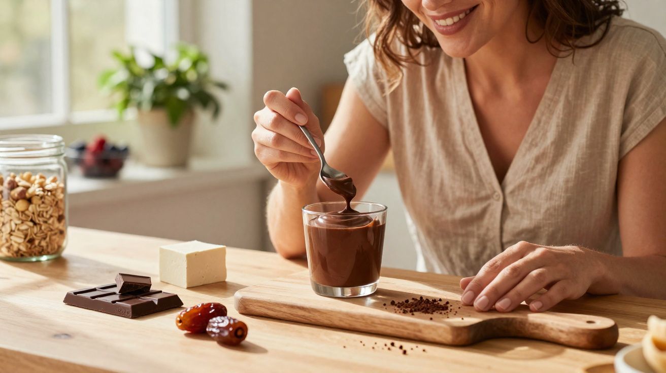 Pessoa a mexer creme de chocolate num copo, com tâmaras, chocolate e outros ingredientes numa bancada de cozinha.