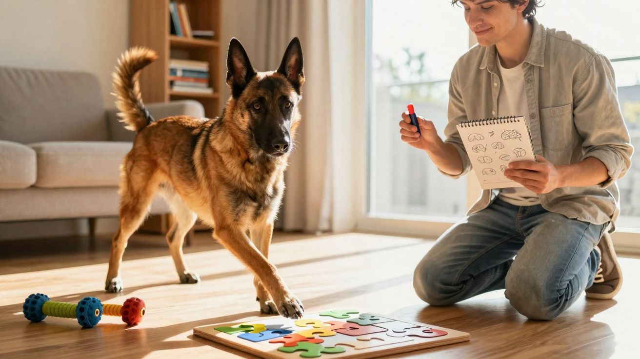 Homem a dar treino de puzzle a cão pastor alemão num chão de madeira em sala iluminada.