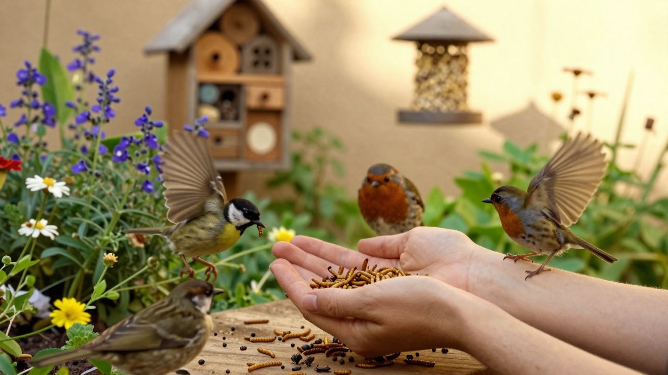 Pássaros a alimentar-se de minhocas na mão de uma pessoa, em ambiente de jardim com flores e casa para aves.