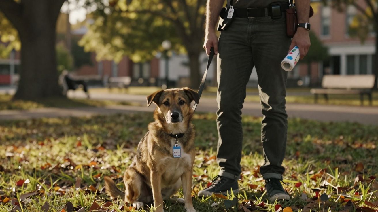 Cão castanho sentado no parque com coleira preso a dono de pé, que segura saco para dejetos.