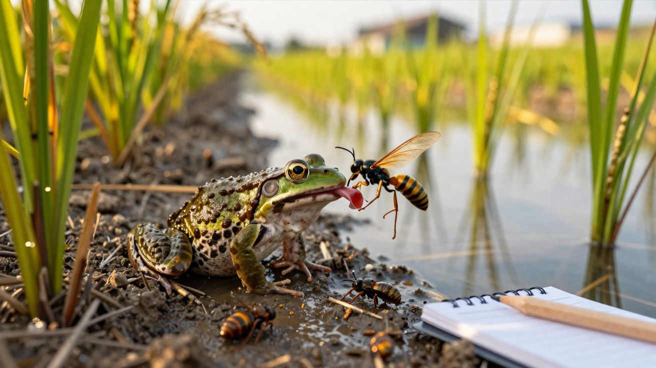 Rã com gotas de água na pele estende a língua para uma vespa perto de um bloco de notas à beira de um arrozal.