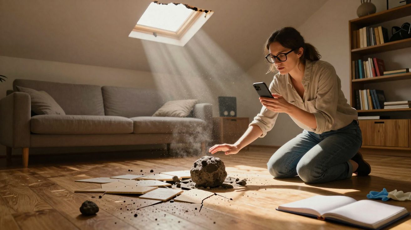 Mulher ajoelhada a fotografar telefone meteorito que caiu e rachou o chão numa sala com sofá e estante.