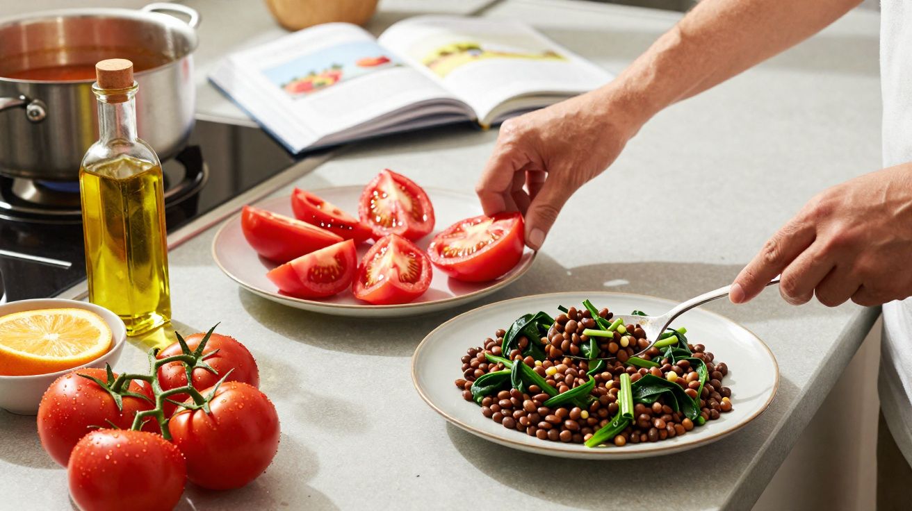 Mãos a preparar prato com lentilhas e legumes, tomate cortado e ingredientes na bancada da cozinha.