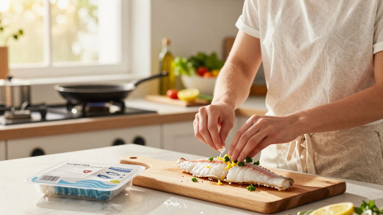 Pessoa a temperar filete de peixe com ervas num tábua de madeira numa cozinha luminosa.