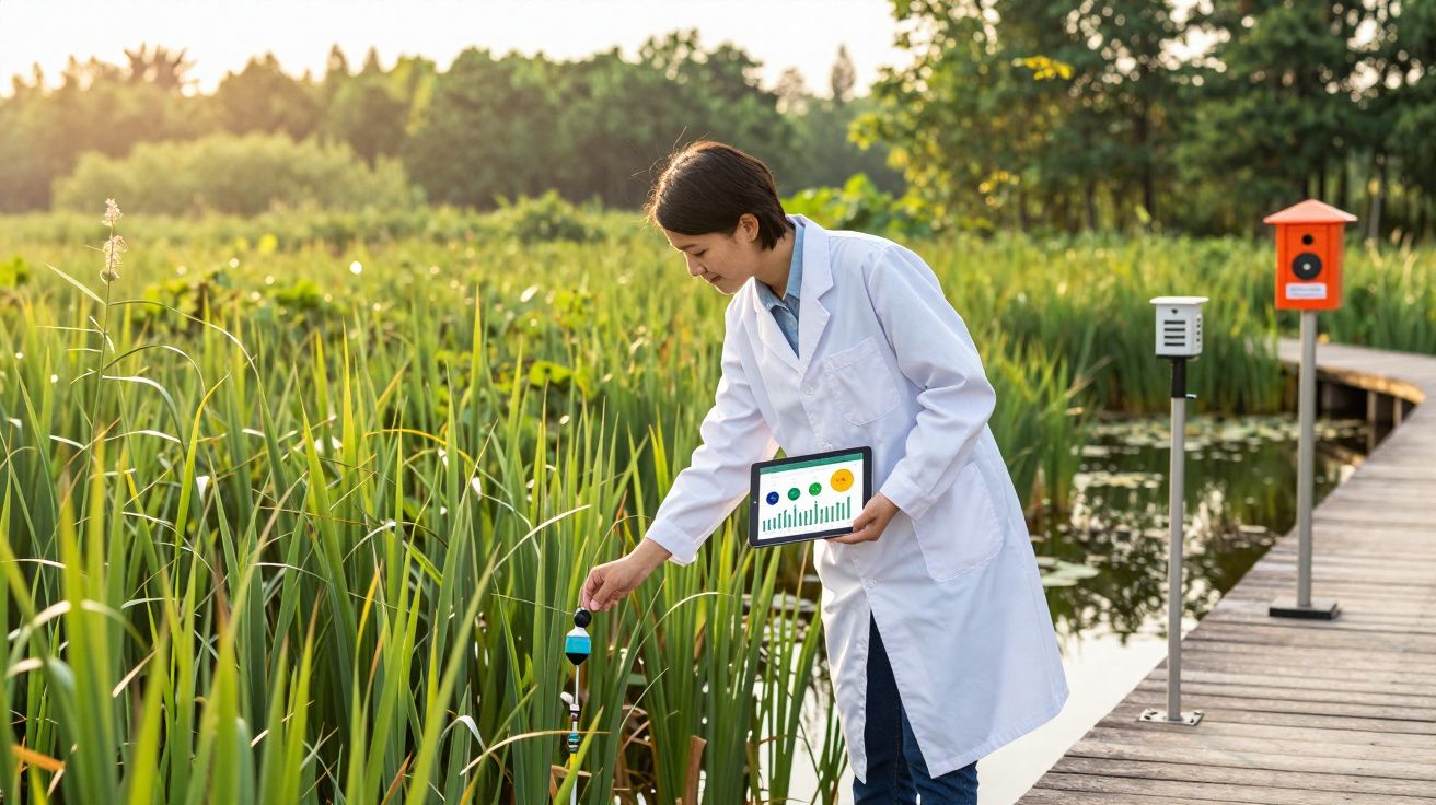Mulher cientista verifica qualidade da água num lago, segurando tablet com gráficos ambientais.