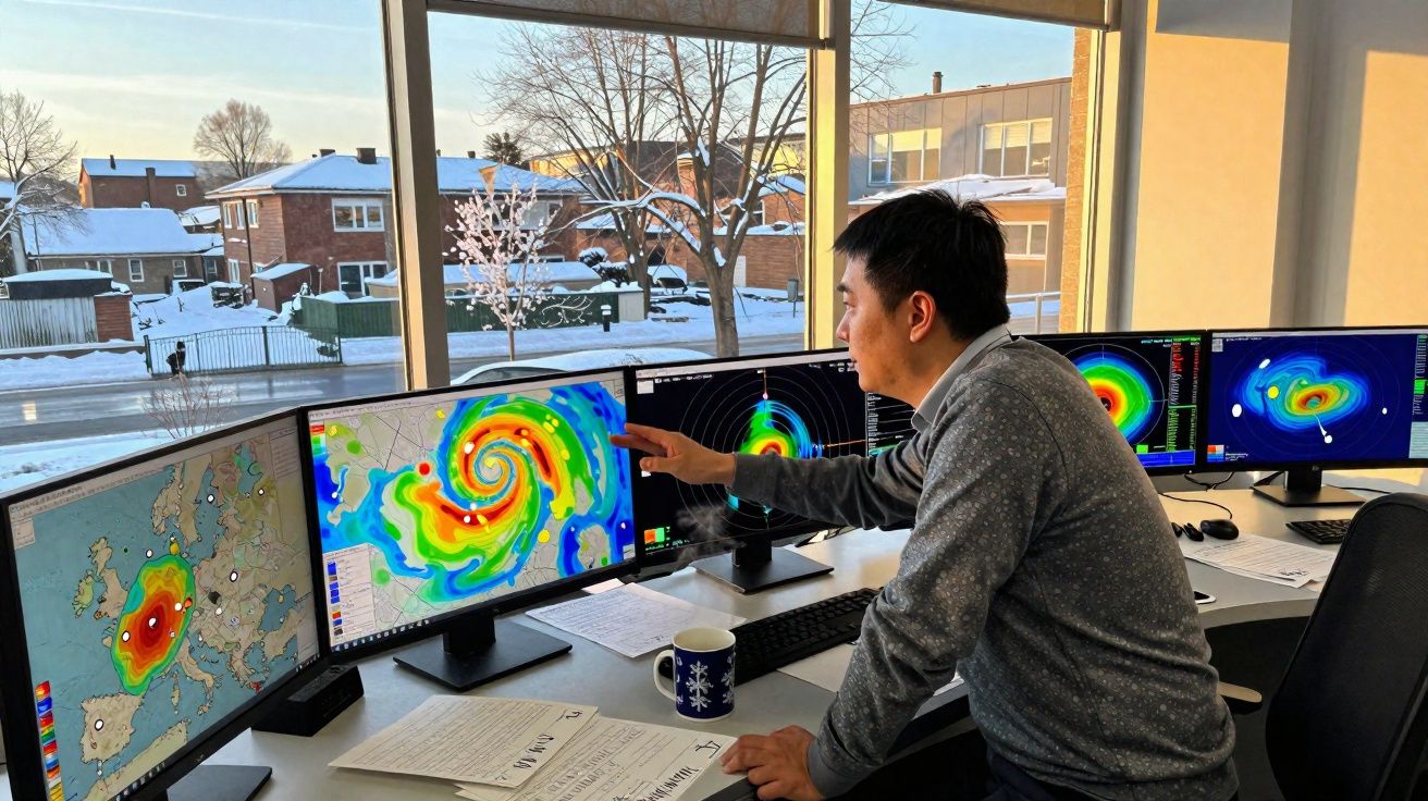 Homem analisa modelo de tempestade colorida em ecrãs de computador numa sala com janela para zona residencial com neve.