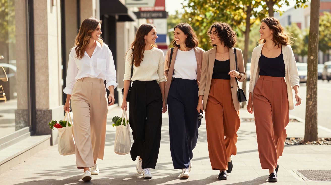 Cinco mulheres a caminhar na rua, sorrindo e a conversar, vestidas casualmente e a carregar sacos reutilizáveis.
