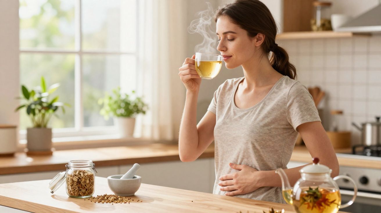 Mulher a cheirar chá quente numa cozinha iluminada, com jarro de chá e frascos de ervas na bancada.