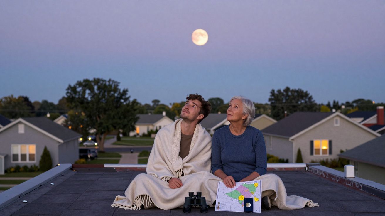 Jovem e senhora sentados com mantas num telhado ao luar, observando a lua cheia com binóculos e mapa.