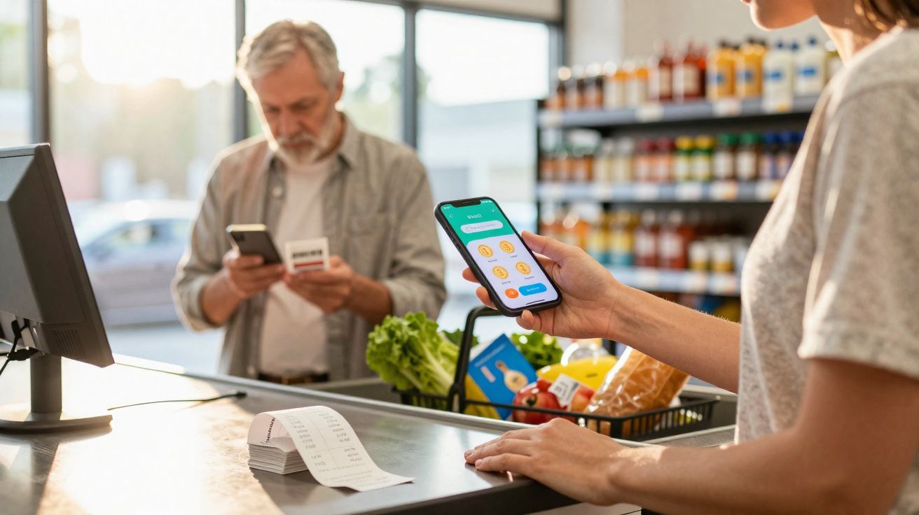 Pessoa a pagar compras com telemóvel numa caixa de supermercado, com homem mais velho a verificar smartphone ao fundo.
