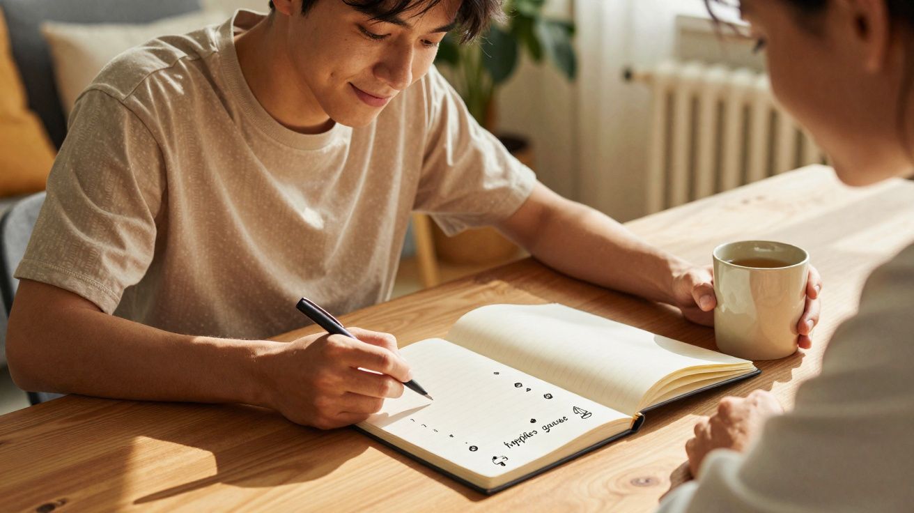 Jovem a escrever num caderno enquanto segura uma caneca, sentado à mesa de madeira com outra pessoa.