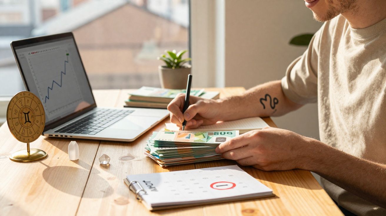Pessoa a fazer contas com notas de euro, laptop com gráfico e calendário numa mesa de madeira.