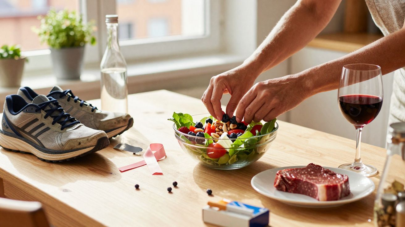 Mãos a preparar salada fresca com legumes e frutos, ao lado de tênis de corrida, vinho tinto e bife cru.