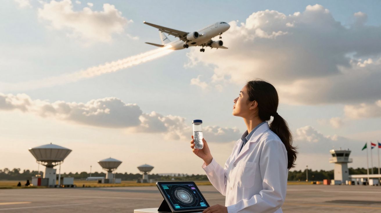 Mulher de bata branca observa avião a descolar num aeroporto, enquanto segura um frasco transparente.