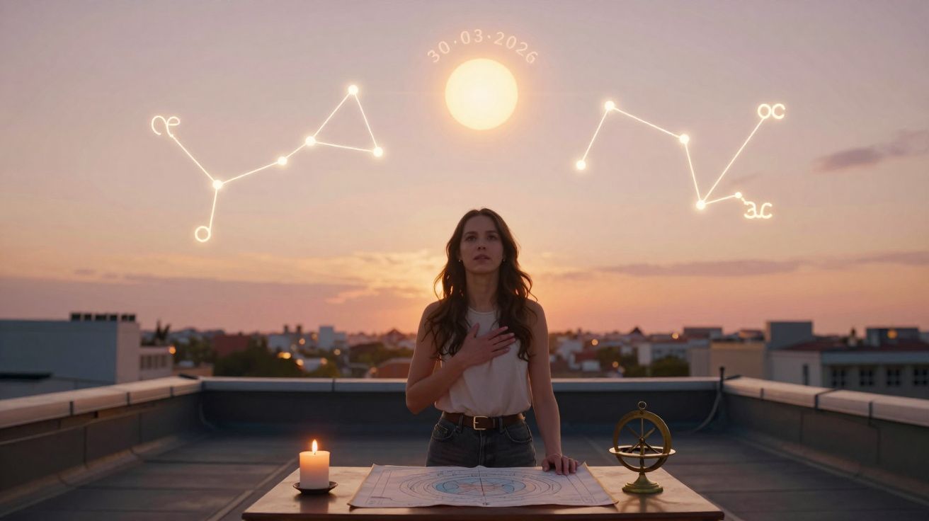 Mulher numa varanda ao pôr do sol com constelações e data brilhando no céu e vela acesa na mesa.