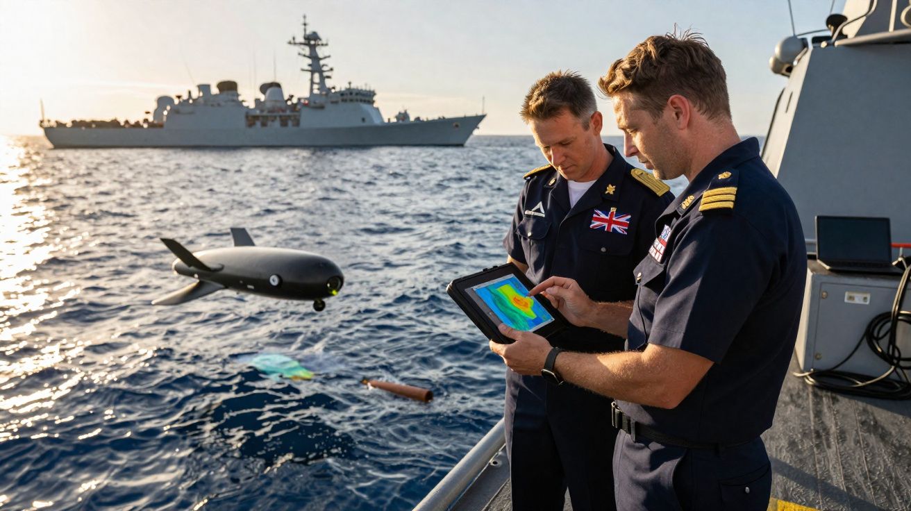 Dois militares na embarcação naval com drone subaquático a emergir da água e navio de guerra ao fundo.