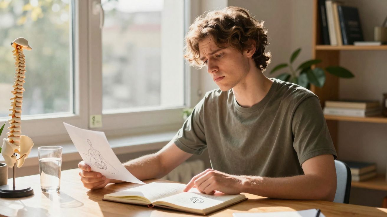 Homem sentado à mesa a estudar anatomia com modelo de coluna vertebral e livros.